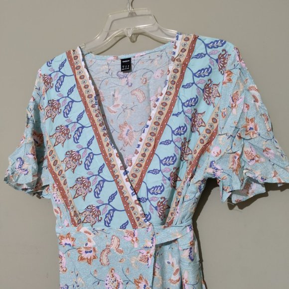 Light Blue Multicolored Floral Short Sleeve V-Neck Boho Womens Wrap Tie Dress - Picture 4 of 5